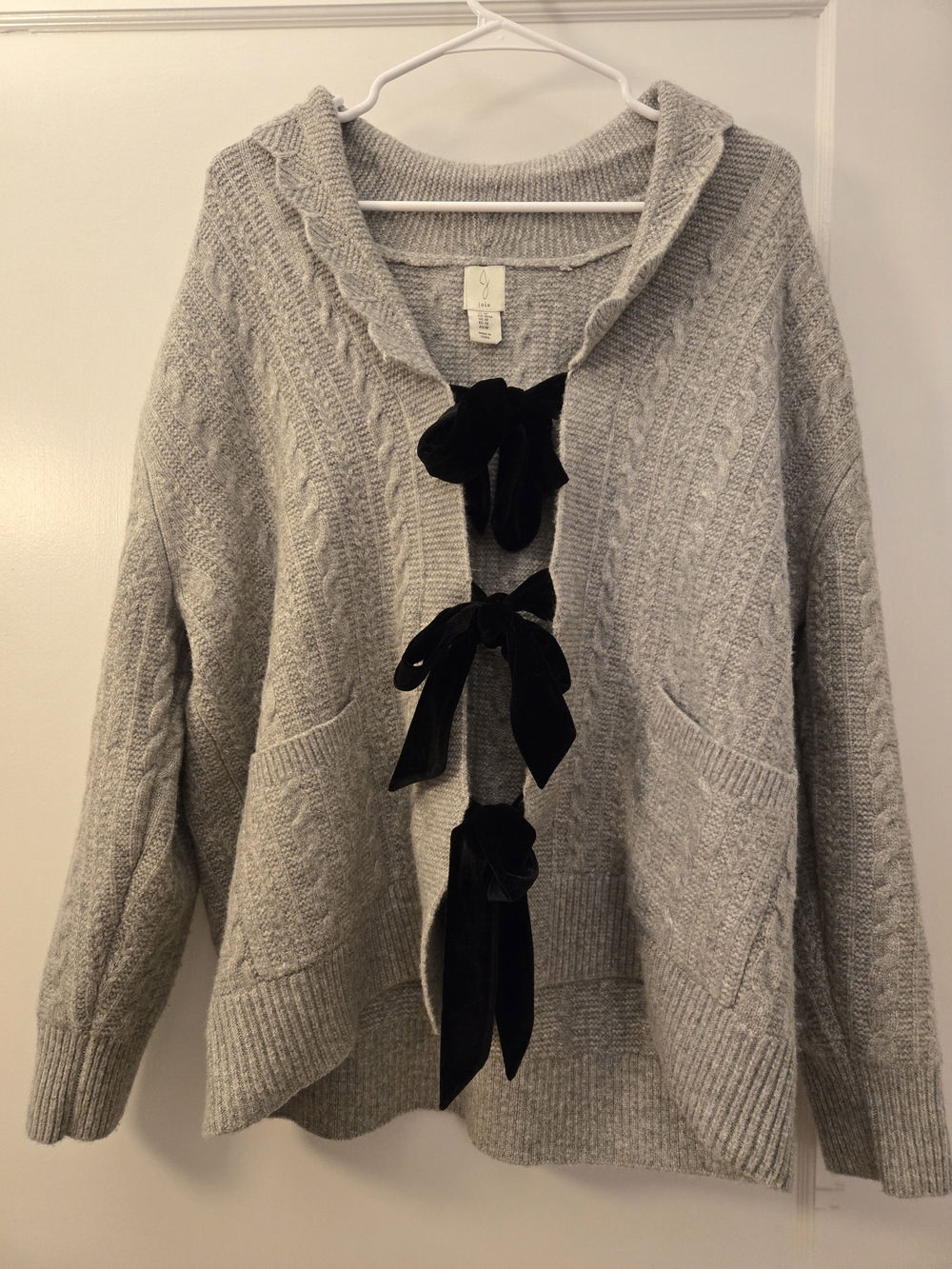 Joie Cozy Cable-Knit Hooded Sweater with Velvet Bow Coquette - Gray